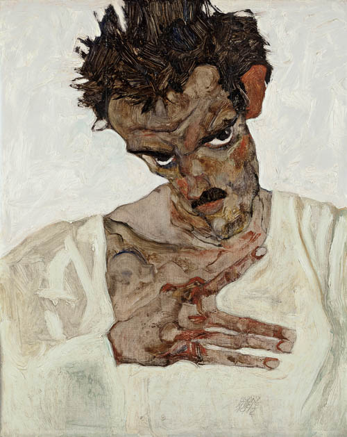 "Geheime Geschichte" von Egon Schiele, Selbstbildnis mit gesenktem Kopf